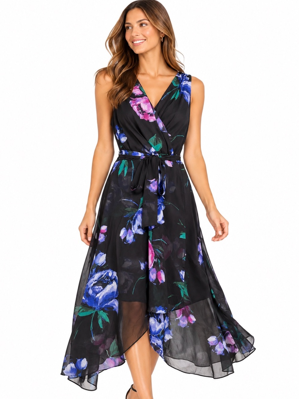 DKNY Black With Blue & Pink Chiffon Floral Faux Wrap Midi Dress with Tie Size 12
